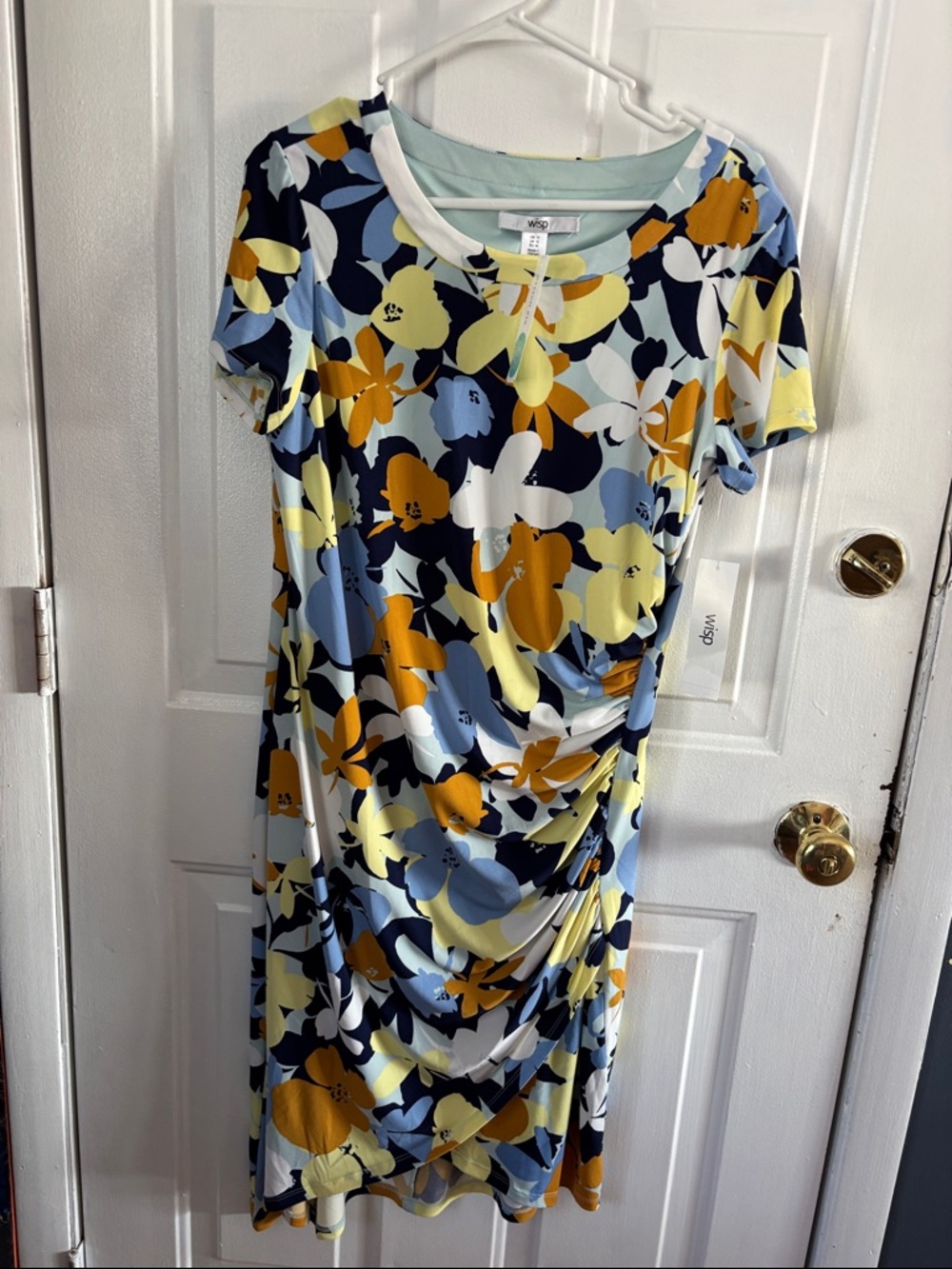 Wisp Floral Short-Sleeve Midi Dress in Yellow & Blue